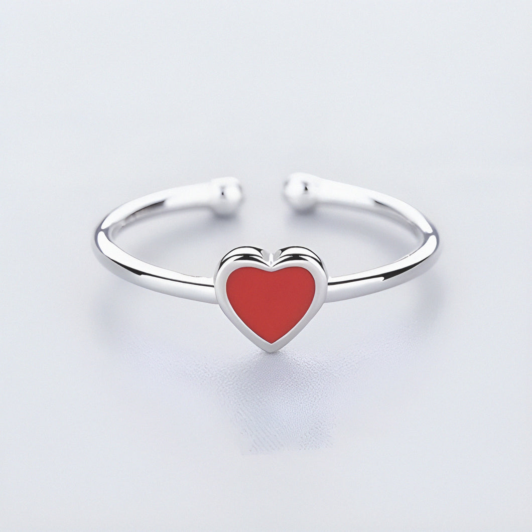 Delicate Enamel Red Heart Shaped Silver Ring