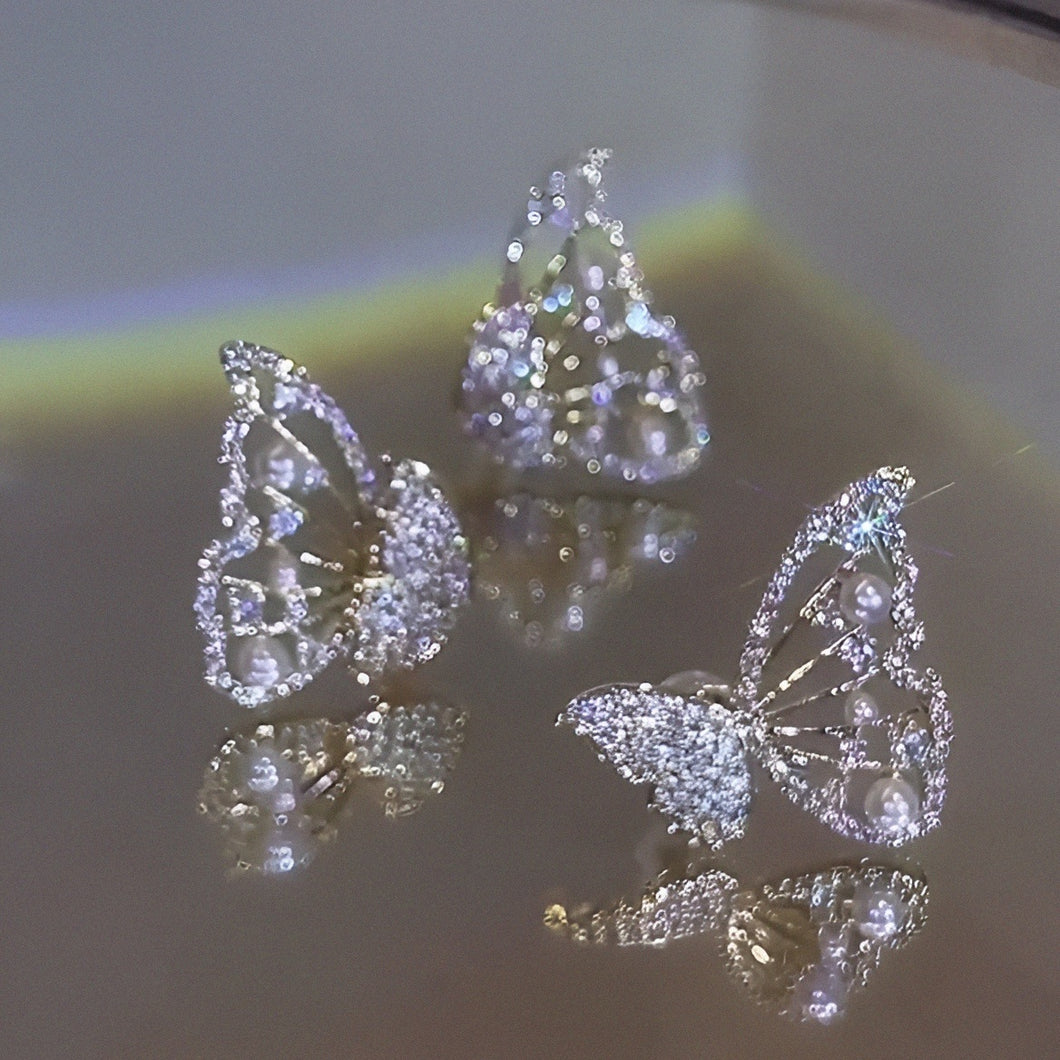 Crystal Swarovski Diamond Pearls Butterfly Silver Stud