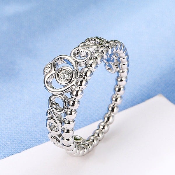 Elegant Princess Crown Love Heart Silver Ring