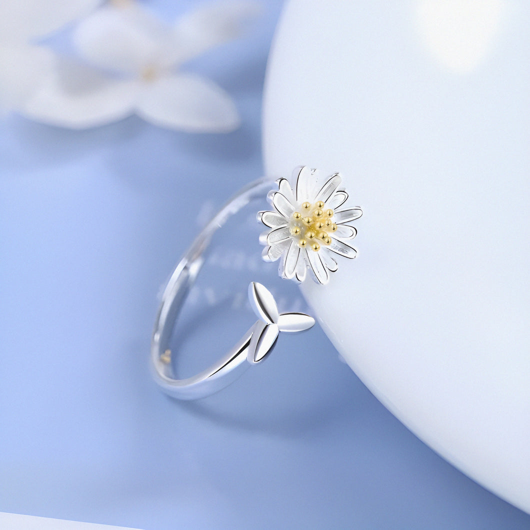 Daisy Flower Leaf Silver Ring