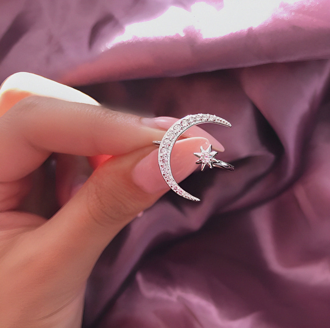 Crescent Moon & Star Silver Ring