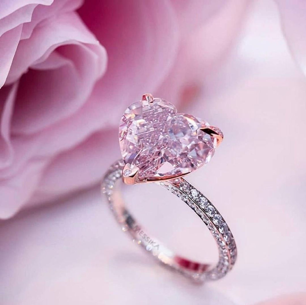 Luxury Pink Heart Crystal Diamond Silver Ring