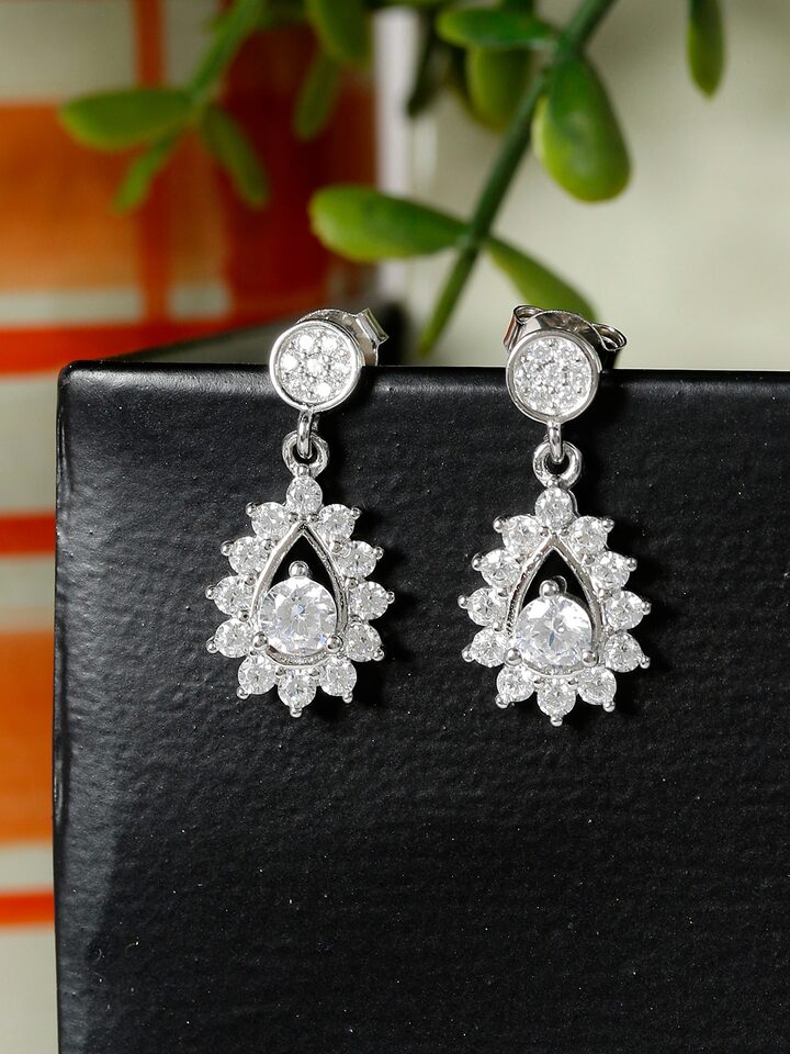 Silver Toned Cubic Zirconia Stone Studded Contemporary Drop Earrings