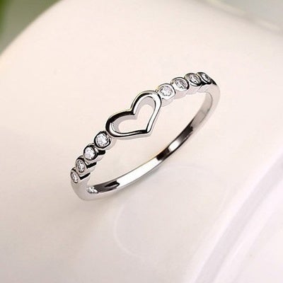 Luxury Style Hollow Diamante Heart Shaped Silver Ring