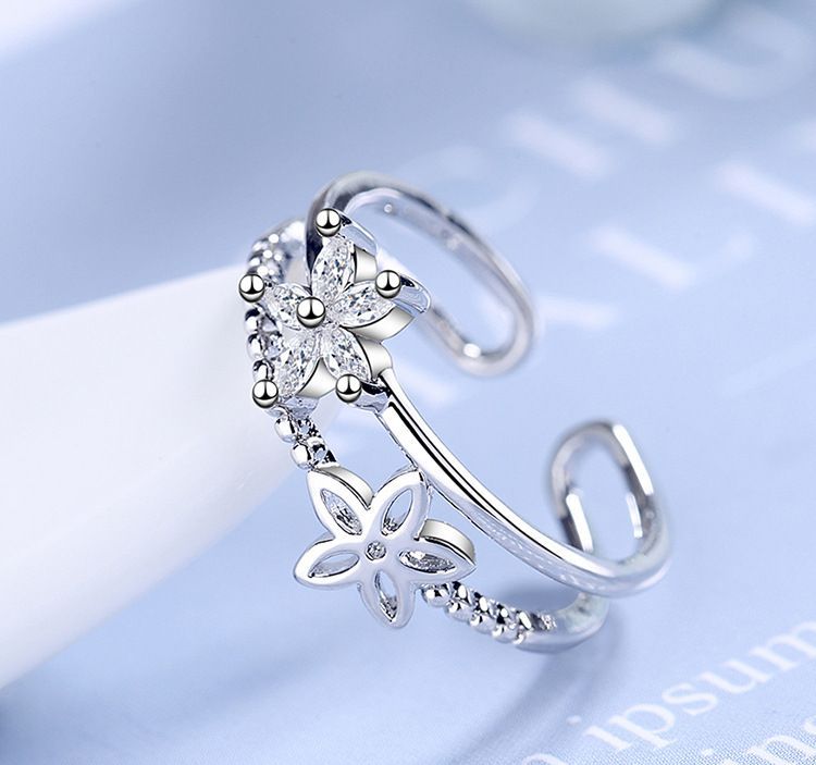 Double Layer Flower Hollow Inlaid Zircon Silver Ring