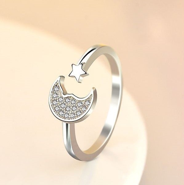 Stars And Crescent Moon Silver Ring